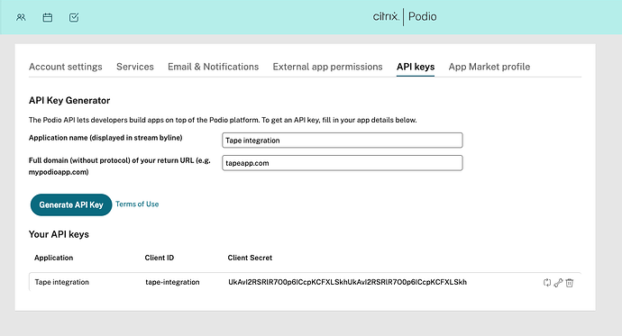 podio-tape-integration-generate-api-key